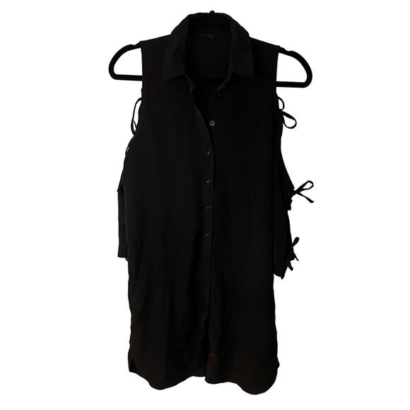 Topshop Black Long Sleeves Cold Shoulder Bow Button Front Shirt Dress Size 4 - Picture 1 of 9